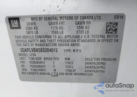 2014 GMC Terrain Sle-1 из США, поврежденный, VIN 2GKFLVEK5E6284012